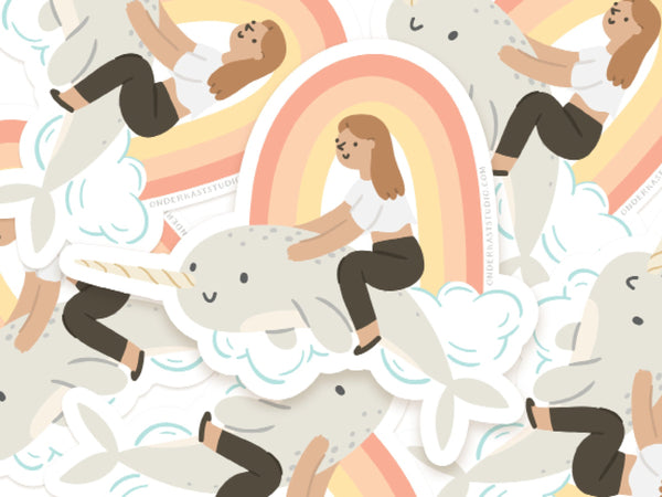 Girl Riding a Narwhal Sticker - DS