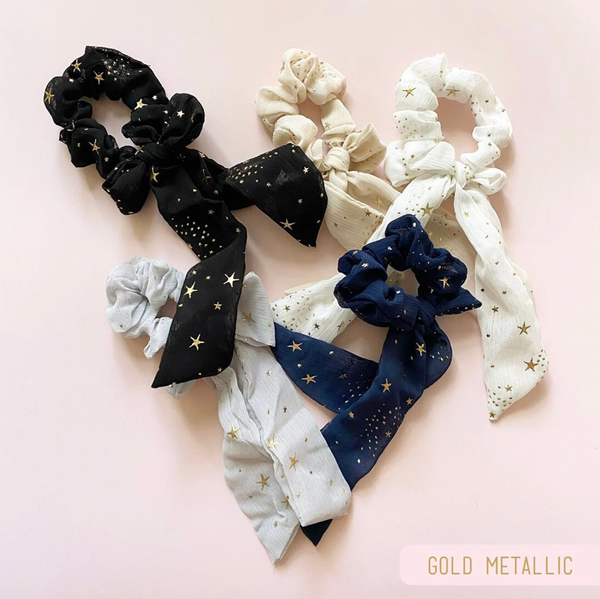 Gold Metallic Stars Chiffon Scarf Scrunchies - 1