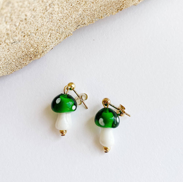 Glass Mushroom Gold Dangle Earrings - Green