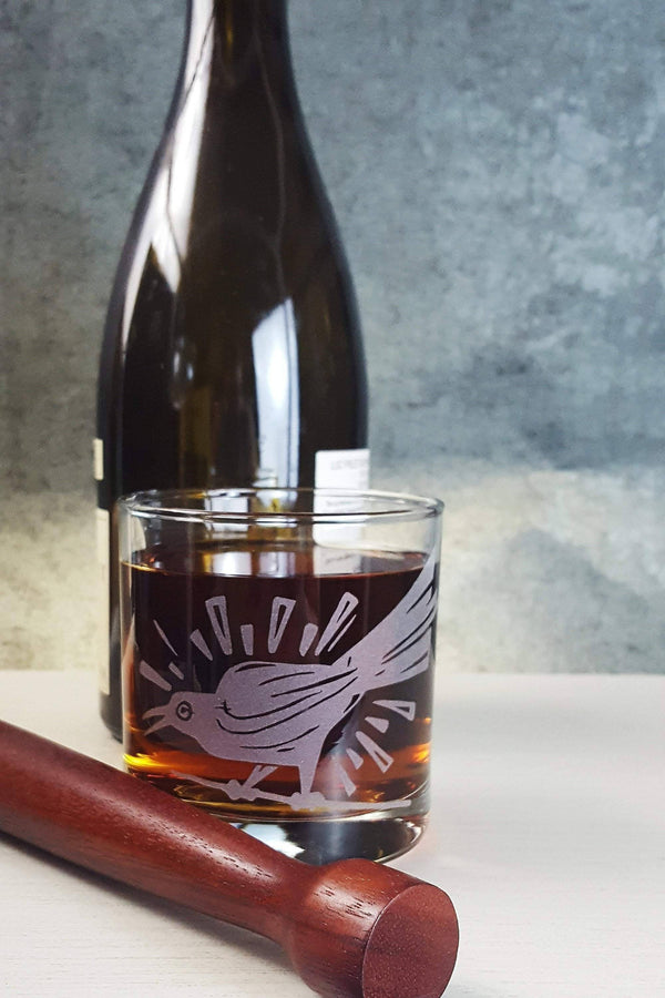Grackle Bird Austin Etched Whiskey Glass