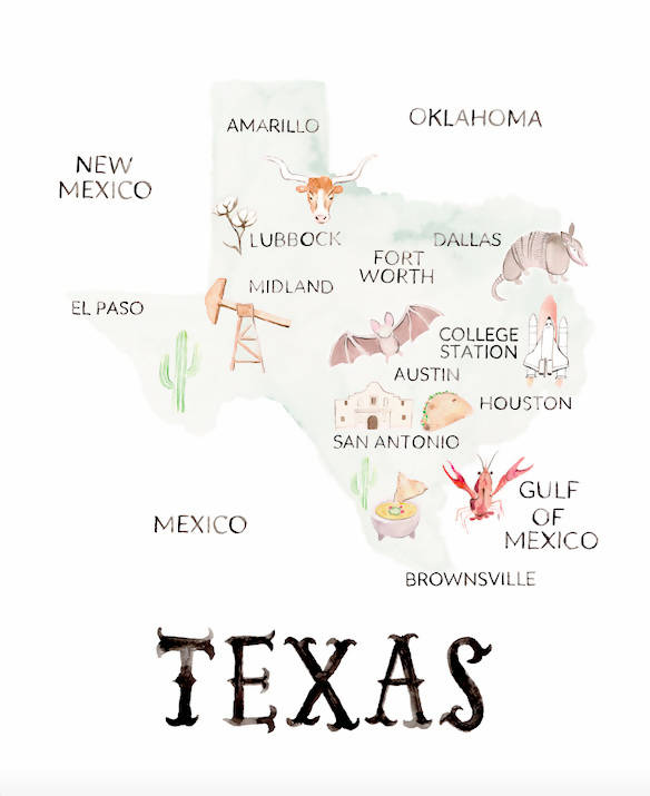 Texas Map Watercolor Art Print
