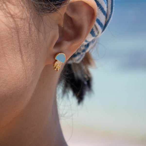 Blue Jelly Fish Enamel Stud Earrings - 2