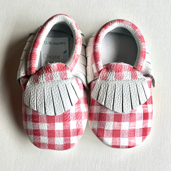 Pink Gingham Baby Moccasins - 1