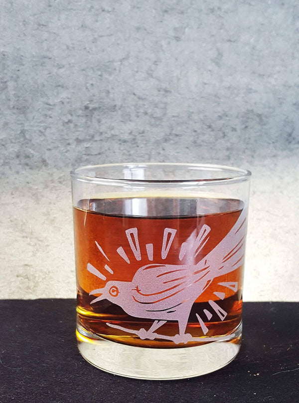 Grackle Bird Austin Etched Whiskey Glass